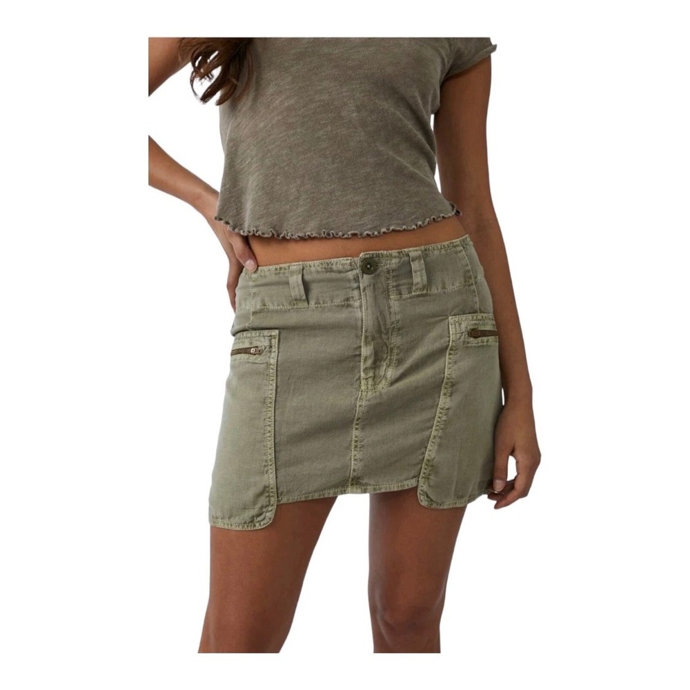 NEW Free People Nevada Utility Mini Skirt 2 Green Cargo Asymmetrical Zip Pocket - Picture 1 of 14